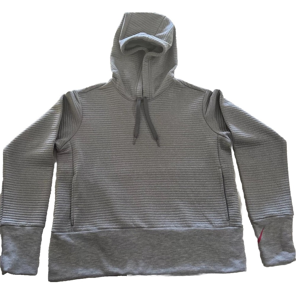 Nike Dri Fit Hoodie Sweatshirt Gray Training Pullover Ribbed Womens‎ Sz L